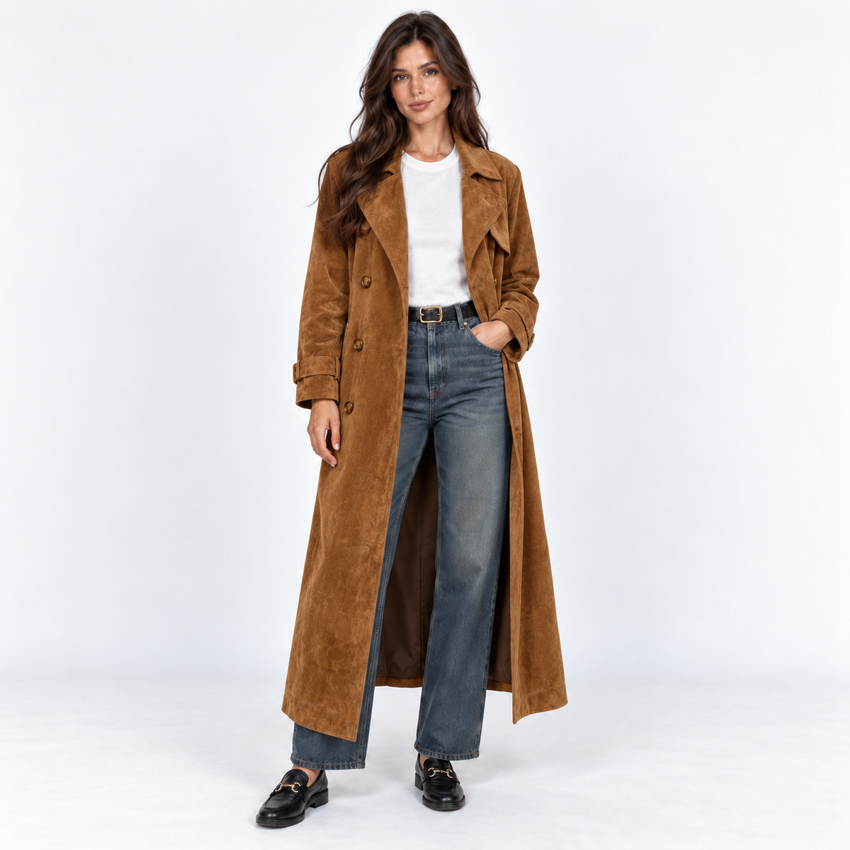 Faux Suede Midi Trench Coat — Camel — front view