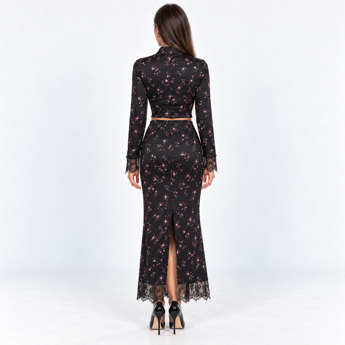 Floral Lace-Trim Top & Skirt Set — Black Floral — back view