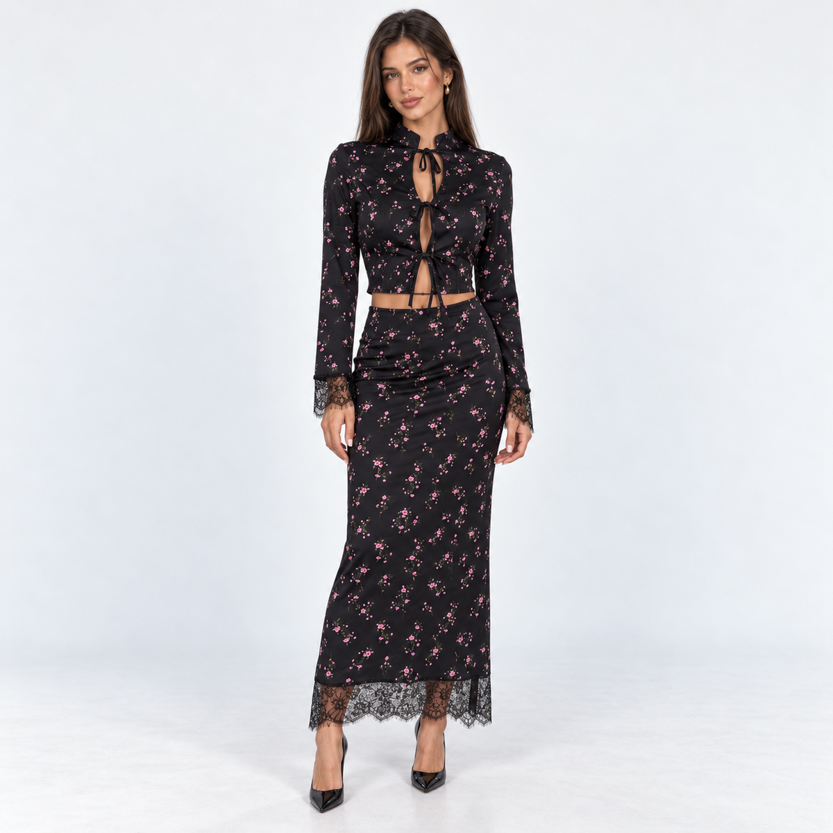 Floral Lace-Trim Top & Skirt Set — Black Floral — front view