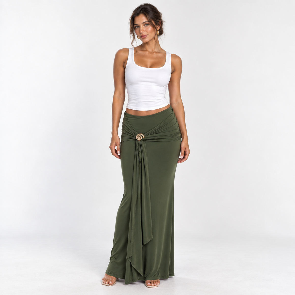 Draped Hardware Maxi Skirt — Green — front view