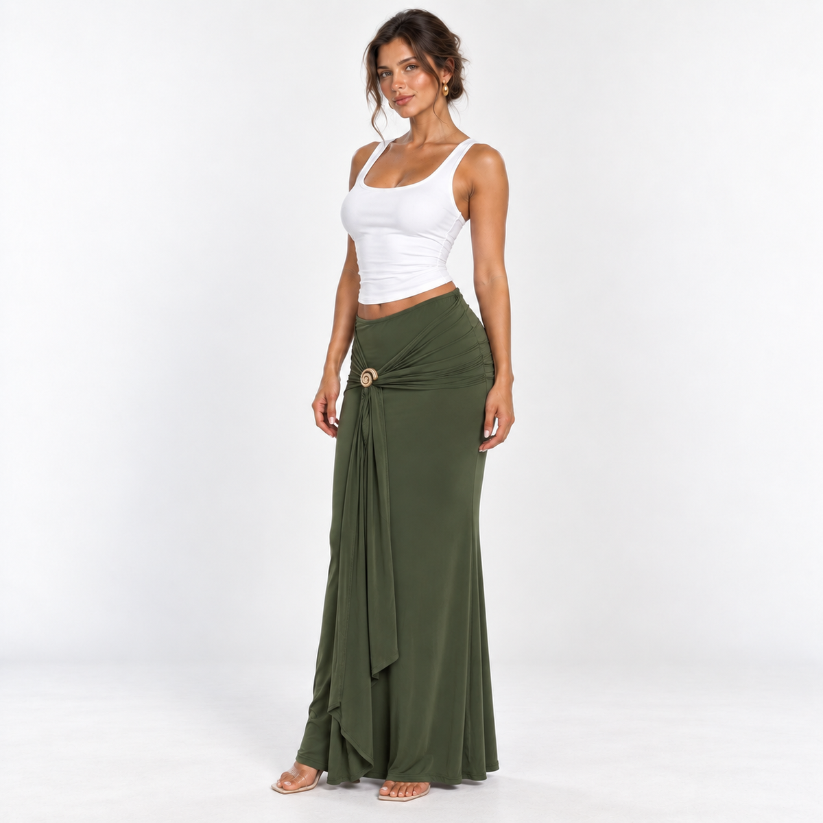 Draped Hardware Maxi Skirt — Green — front45 view