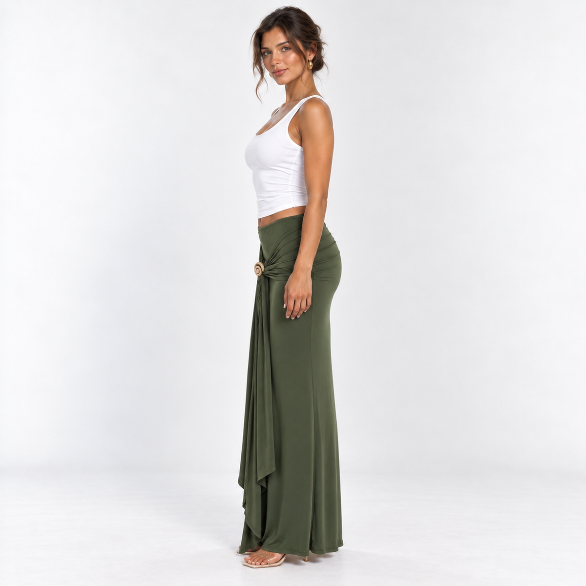 Draped Hardware Maxi Skirt — Green — side view