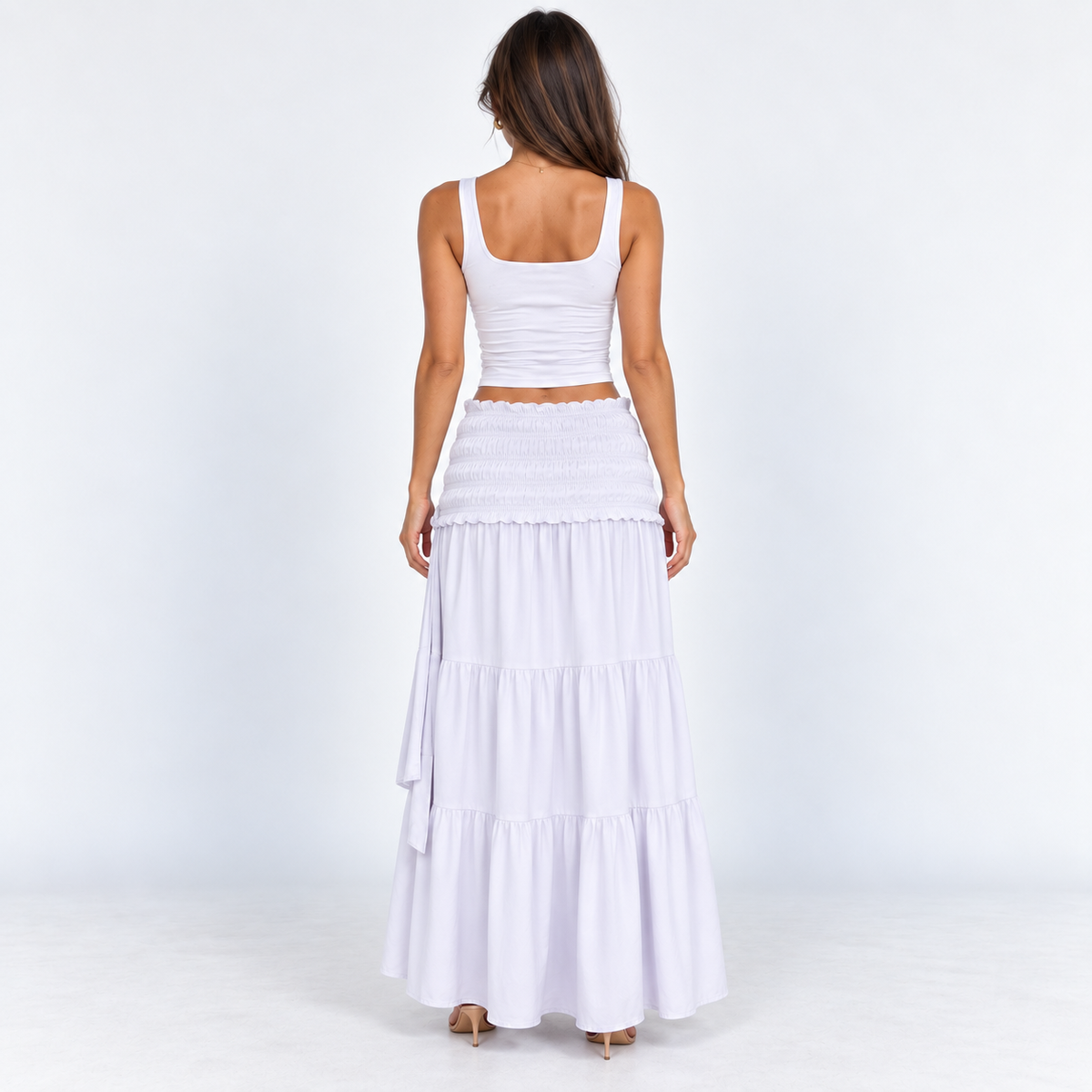 Shirred-Waist Tiered Maxi Skirt — Gray — back view