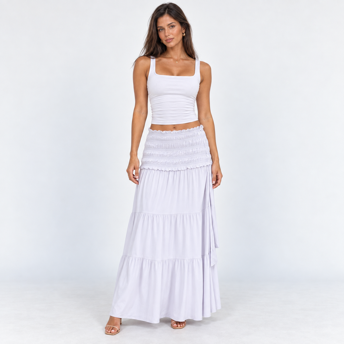 Shirred-Waist Tiered Maxi Skirt — Gray — front view