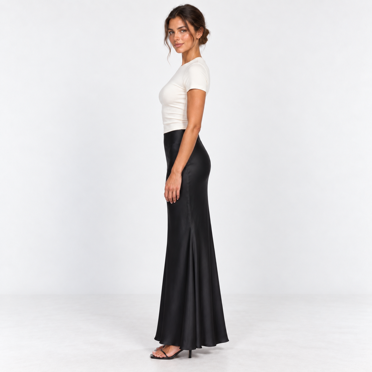 Bias-Cut Satin Maxi Skirt — Black — side view