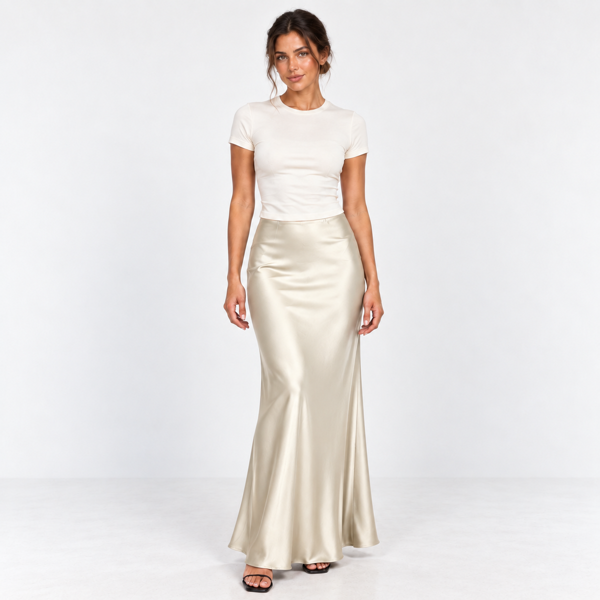 Bias-Cut Satin Maxi Skirt — Ivory — front view