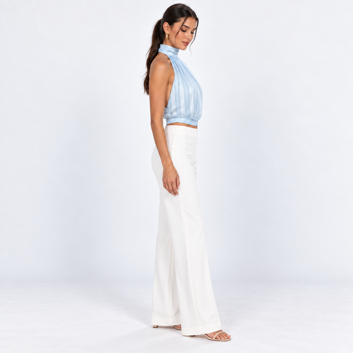 Gathered Halter Tie-Back Top — Light Blue — side view