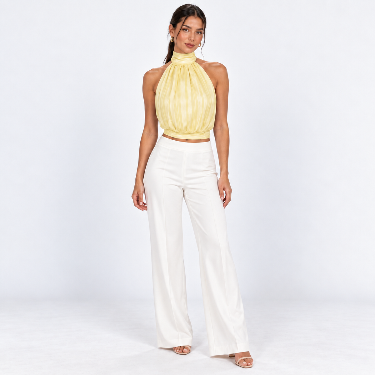 Gathered Halter Tie-Back Top — Yellow — front view