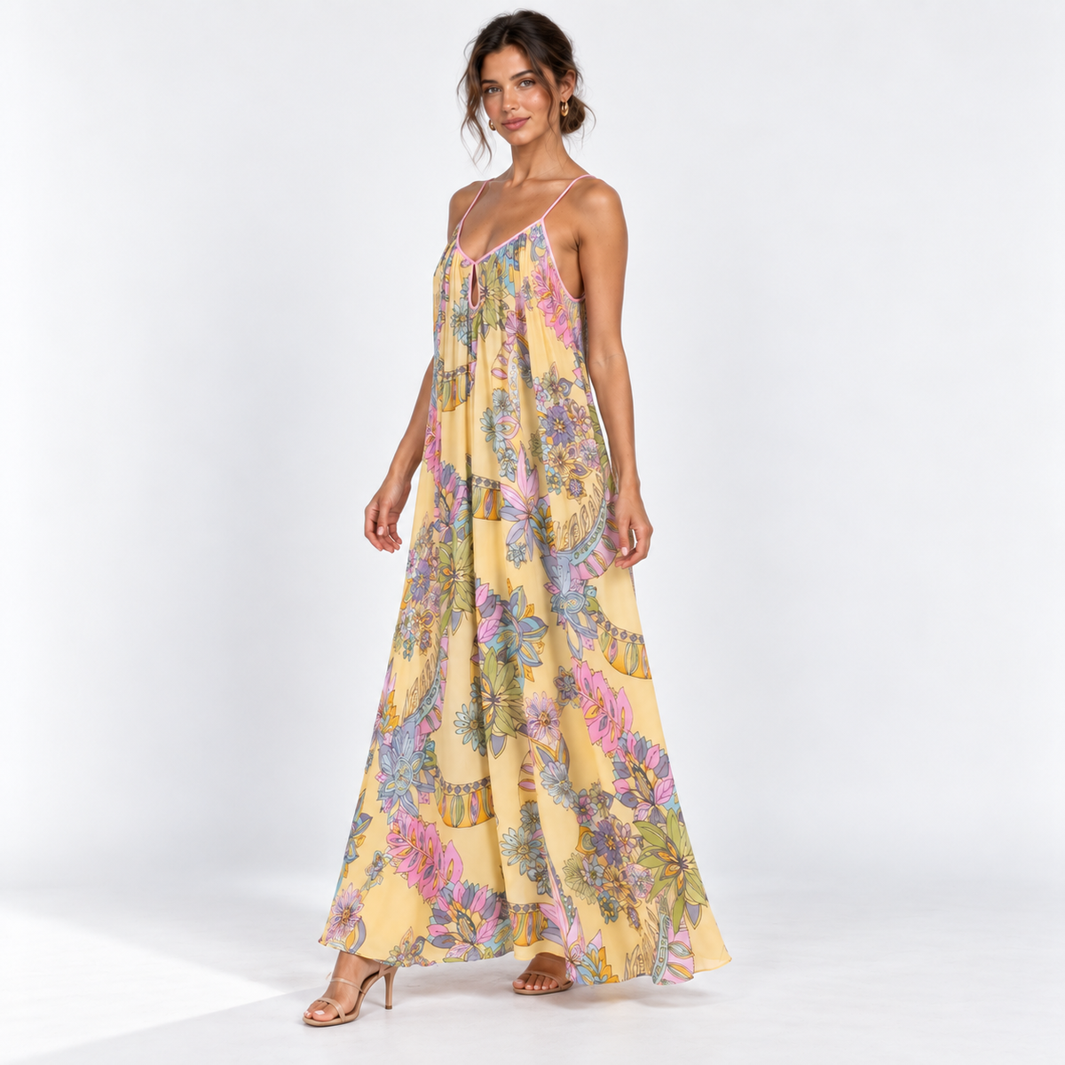 Floral Chiffon Cami Maxi Dress — Yellow — front45 view