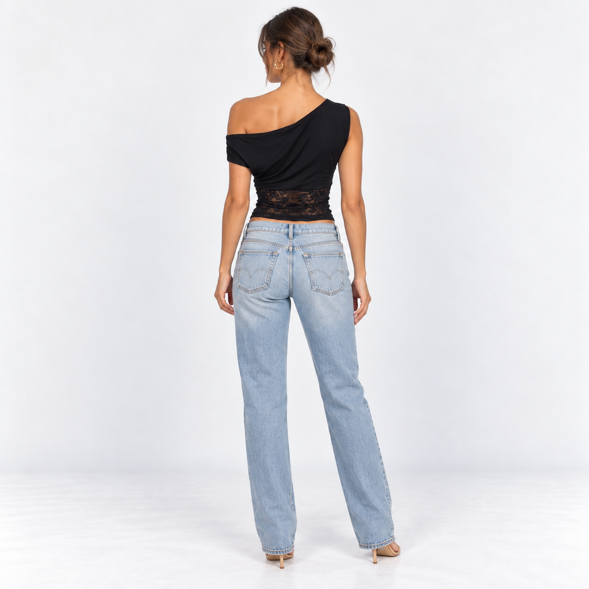 Off-Shoulder Lace-Waist Top — Black — back view
