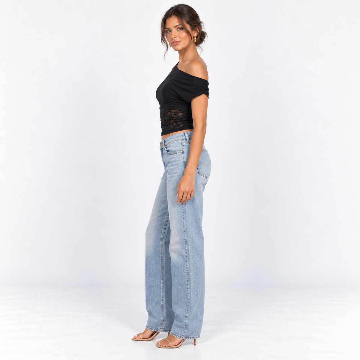 Off-Shoulder Lace-Waist Top — Black — side view