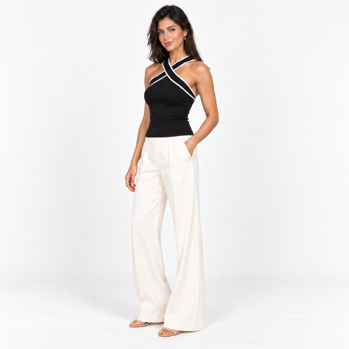 Contrast-Trim Crossover Knit Tank — Black — front45 view