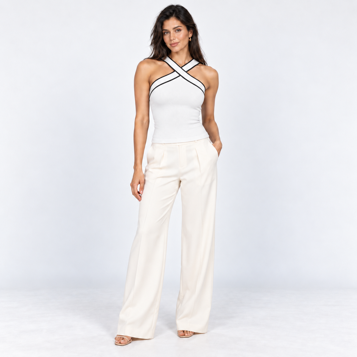 Contrast-Trim Crossover Knit Tank — White — front view