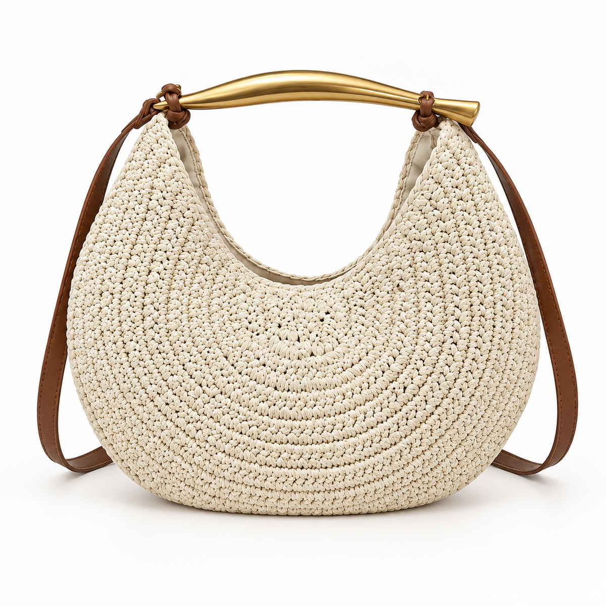 Round Woven Handle Bag — Beige — front view