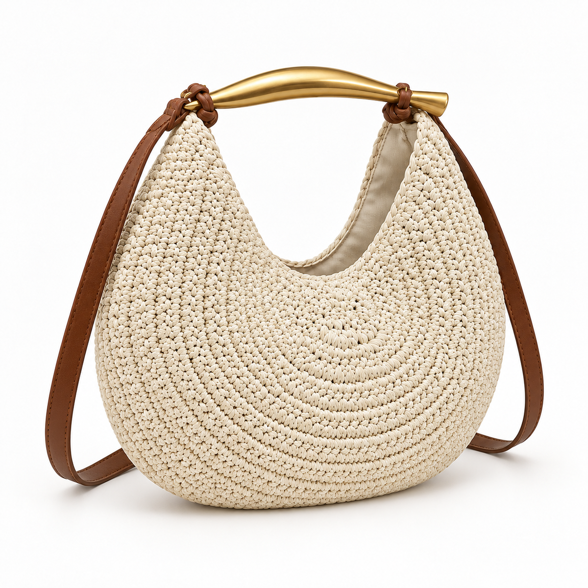 Round Woven Handle Bag — Beige — front45 view