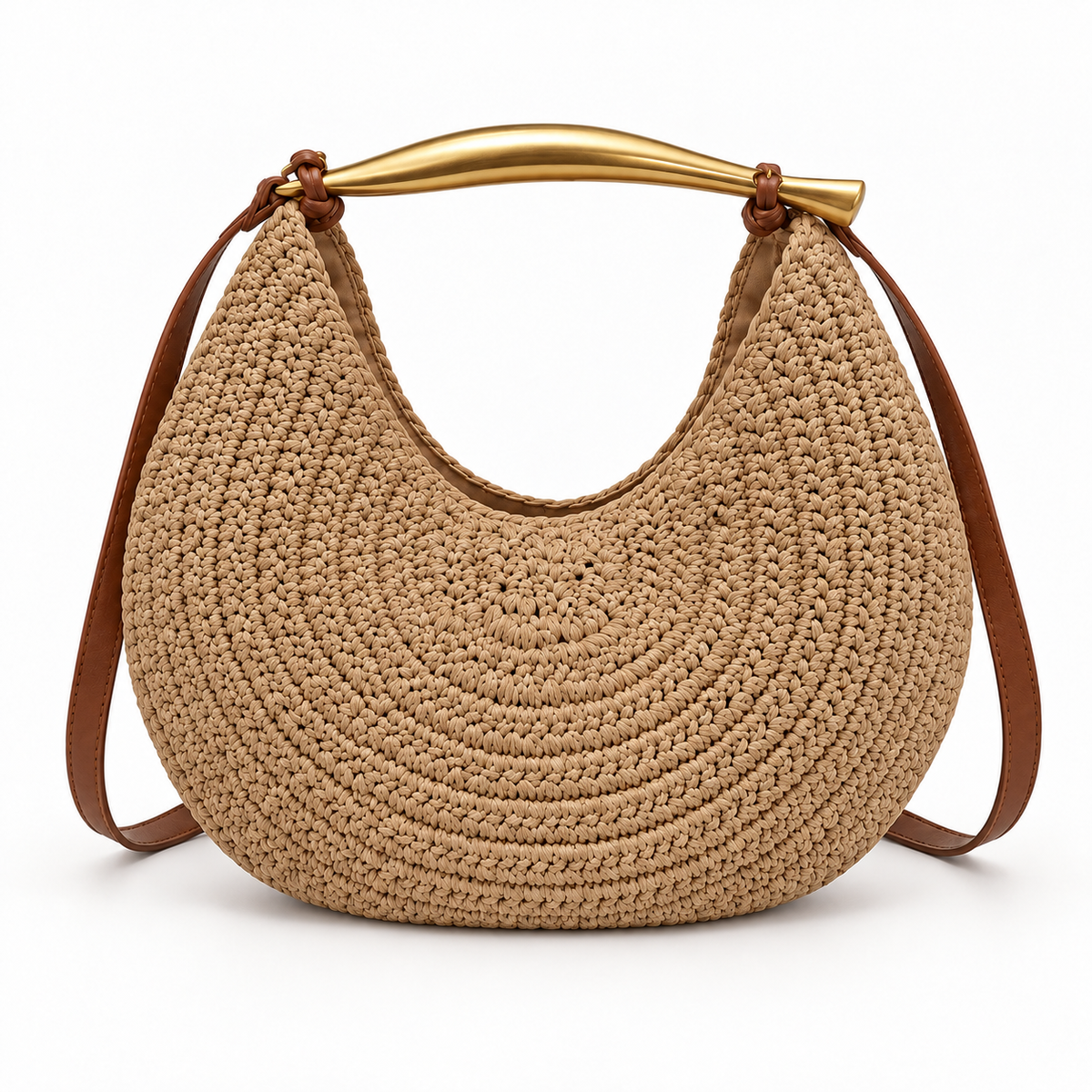 Round Woven Handle Bag — Brown — front view