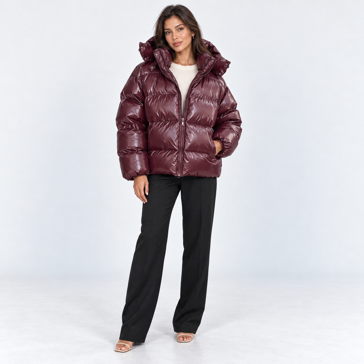 Hooded Puffer Jacket — Burgundy — front view