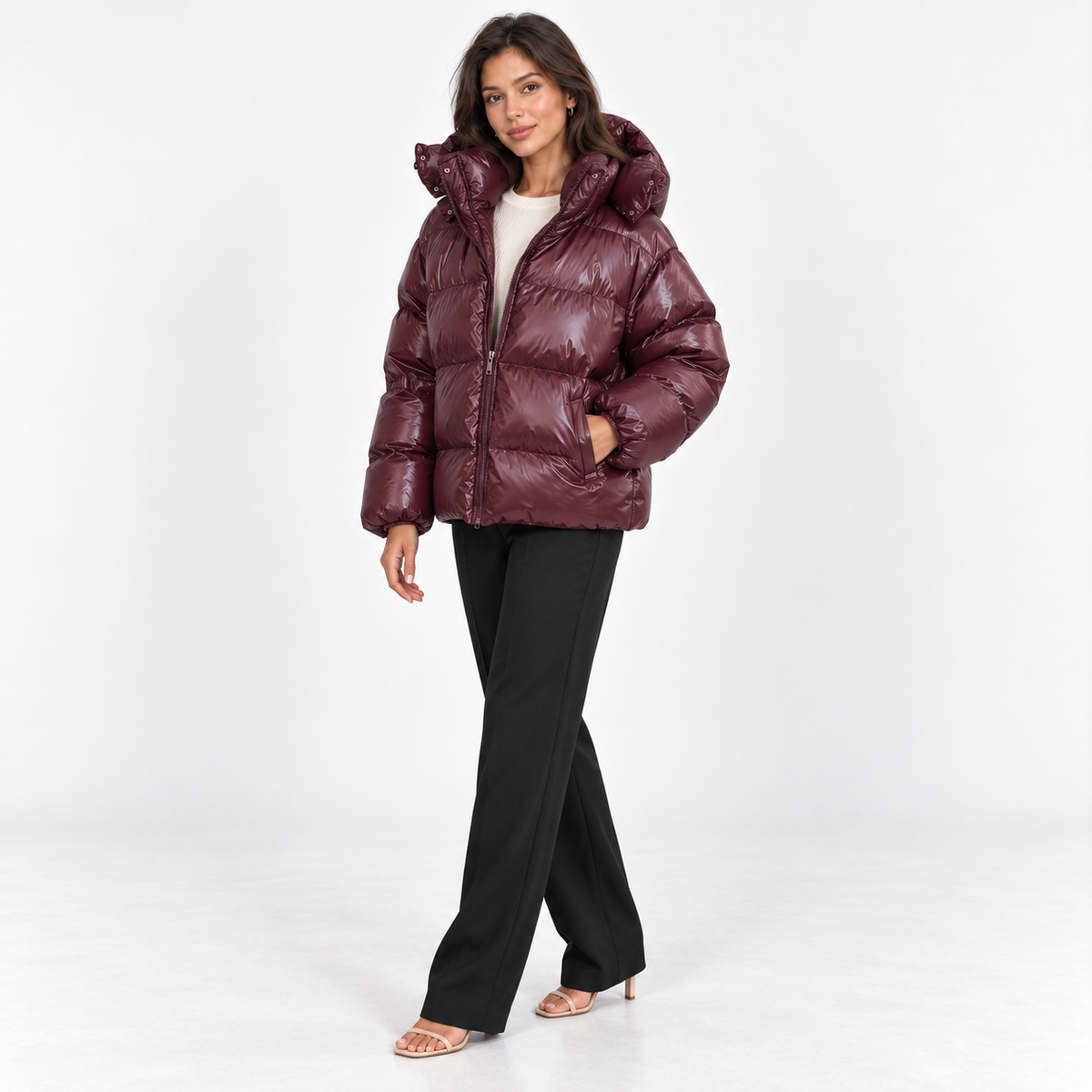 Hooded Puffer Jacket — Burgundy — front45 view