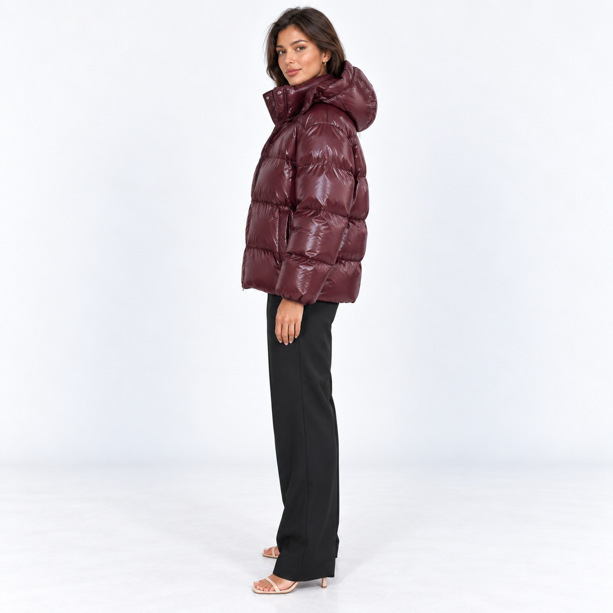 Hooded Puffer Jacket — Burgundy — side view