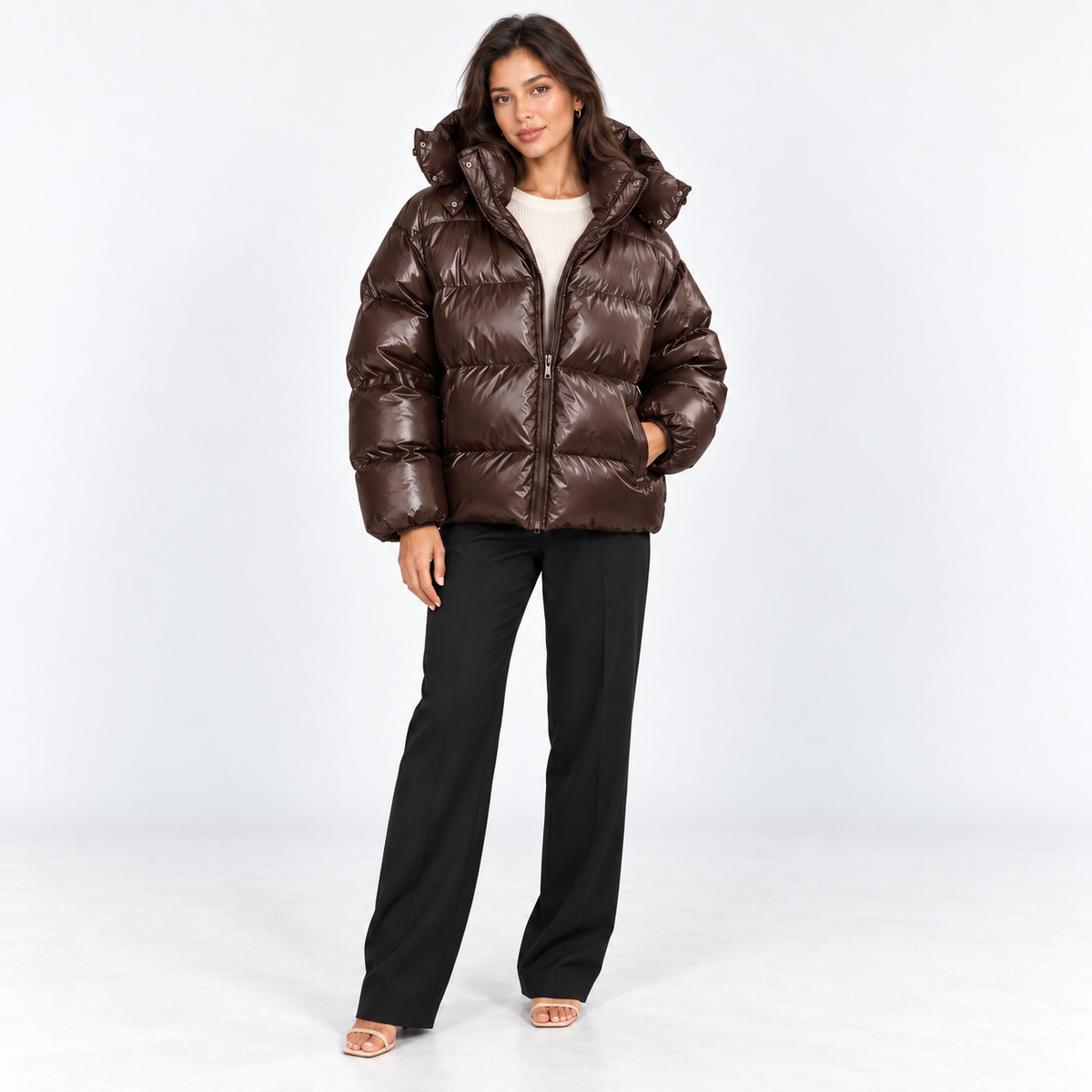 Hooded Puffer Jacket — Chocolate — front view