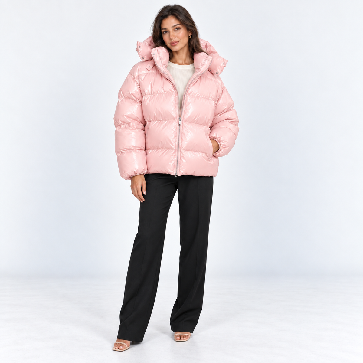 Hooded Puffer Jacket — Pink — front view