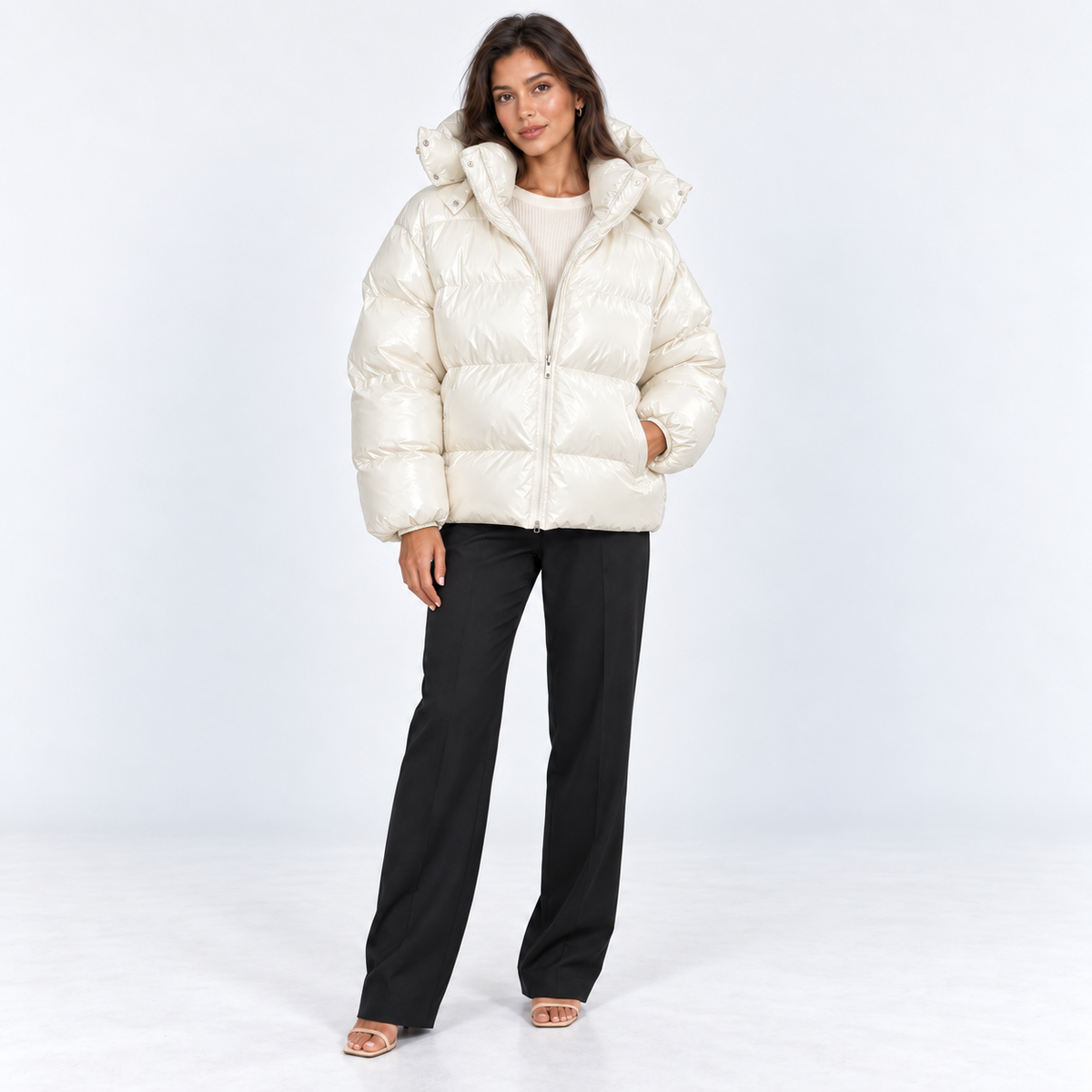 Hooded Puffer Jacket — White — front view