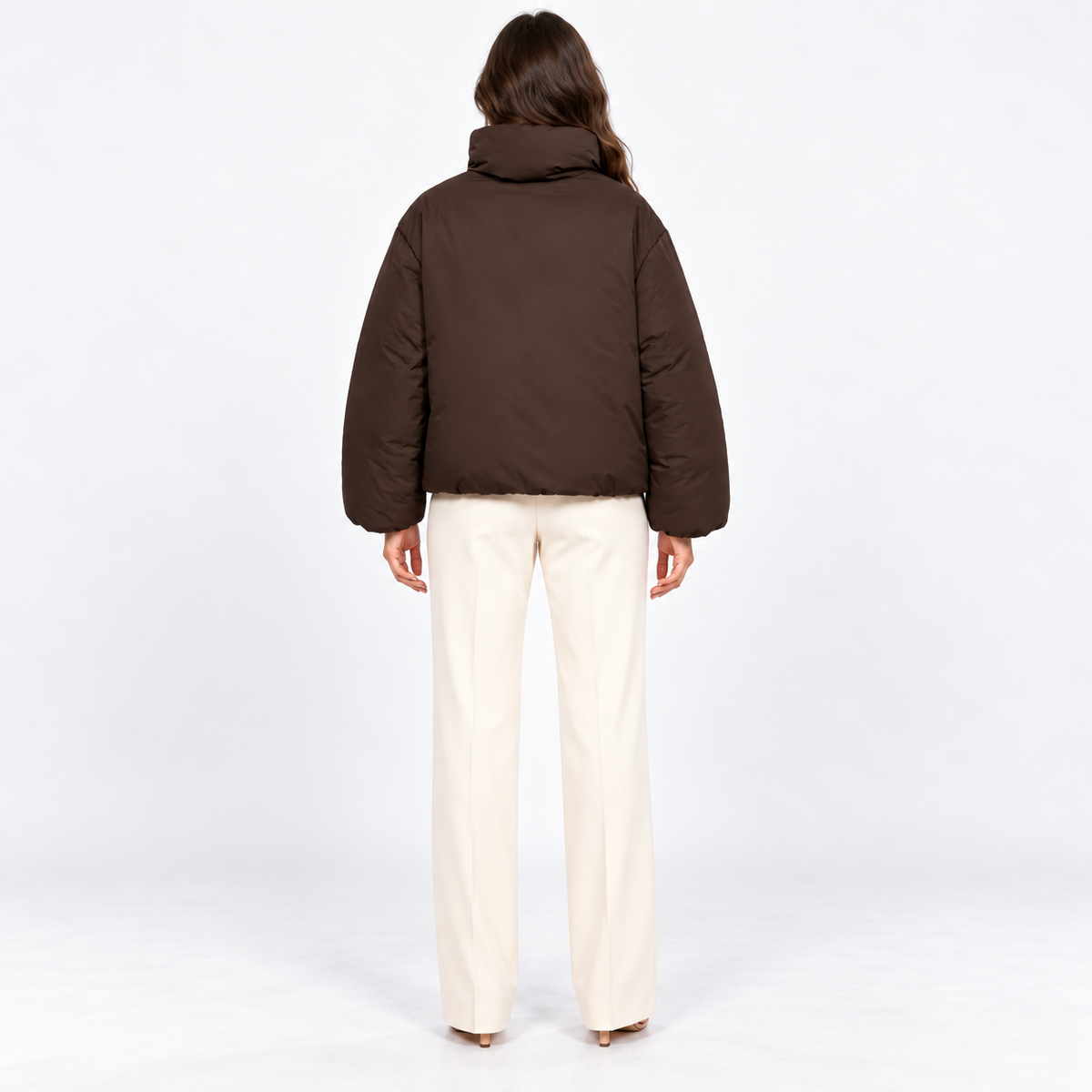 High-Collar Drawstring Puffer — Brown — back view