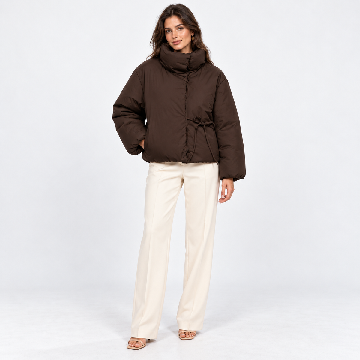 High-Collar Drawstring Puffer — Brown — front view