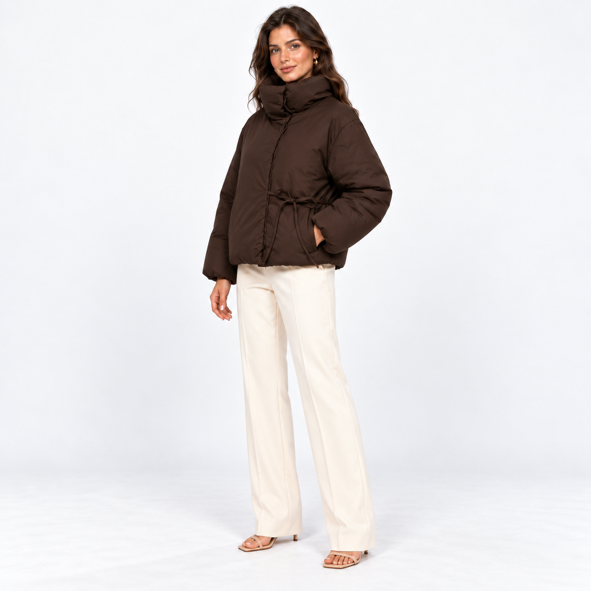 High-Collar Drawstring Puffer — Brown — front45 view