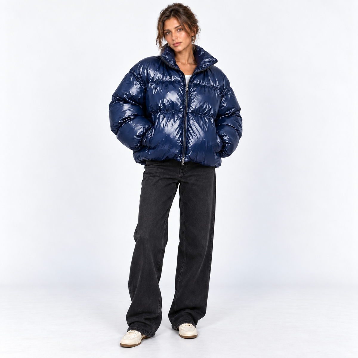 Gloss-Finish Puffer Jacket — Blue — front view