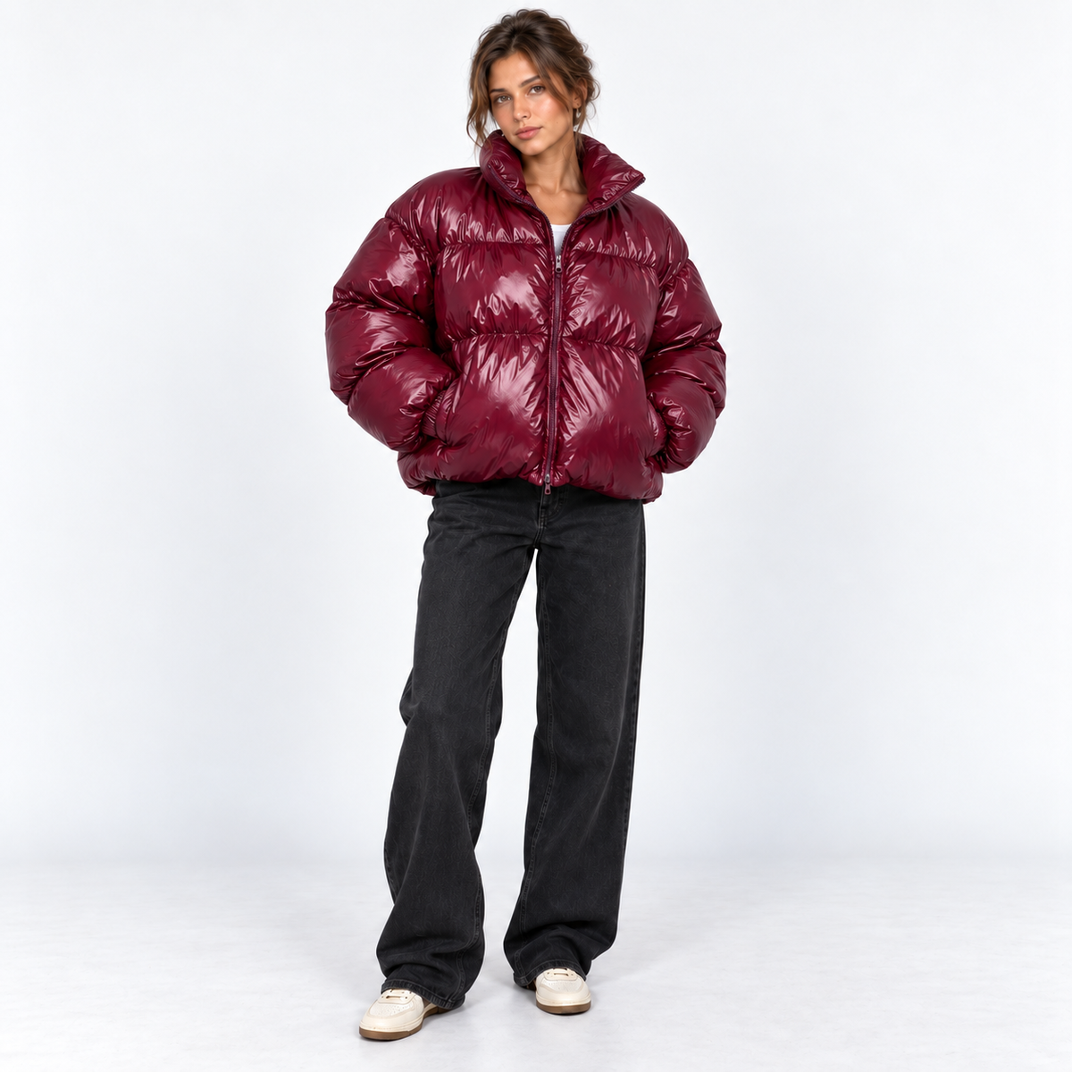 Gloss-Finish Puffer Jacket — Burgundy — front view