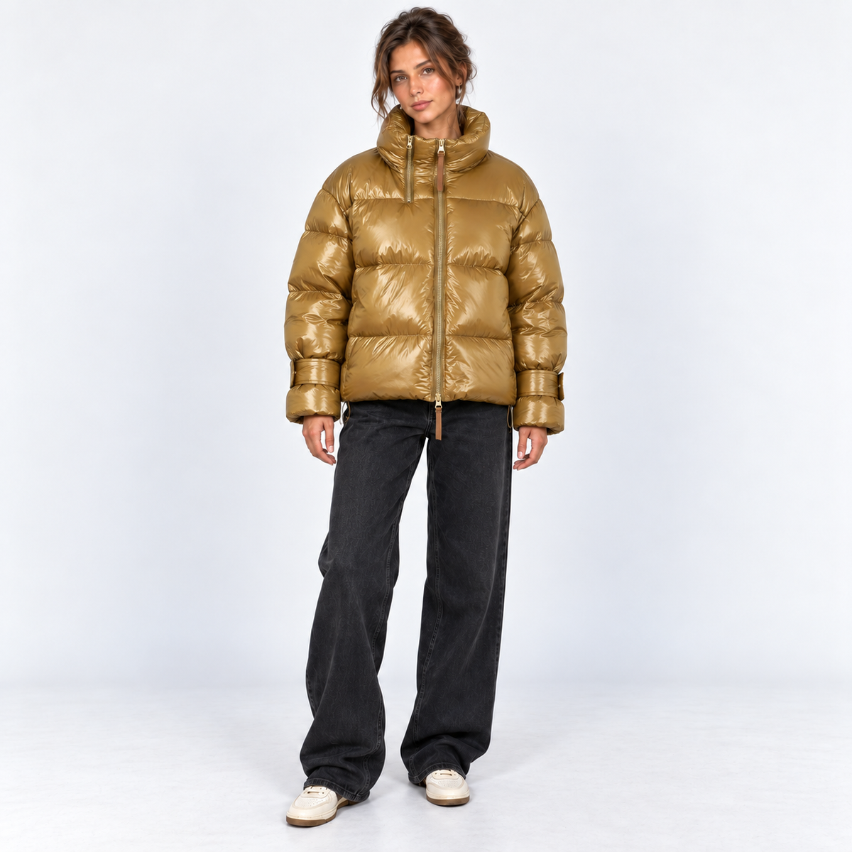 Gloss-Finish Puffer Jacket — Gold — front view
