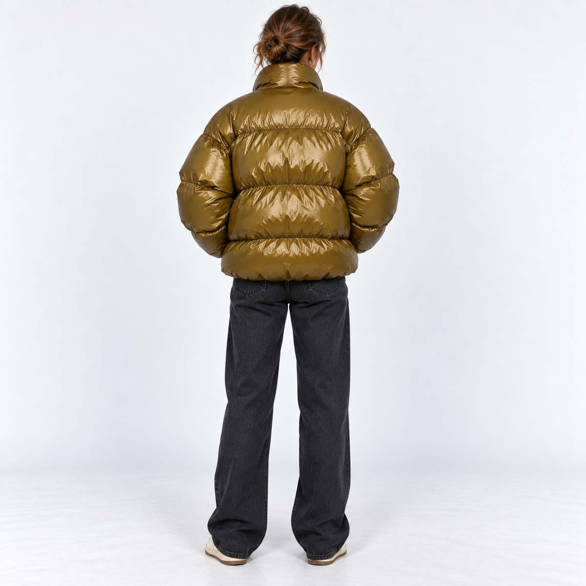 Gloss-Finish Puffer Jacket — Olive — back view