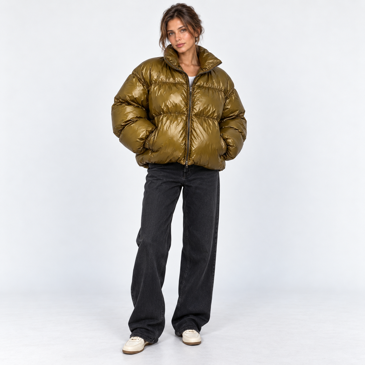Gloss-Finish Puffer Jacket — Olive — front view