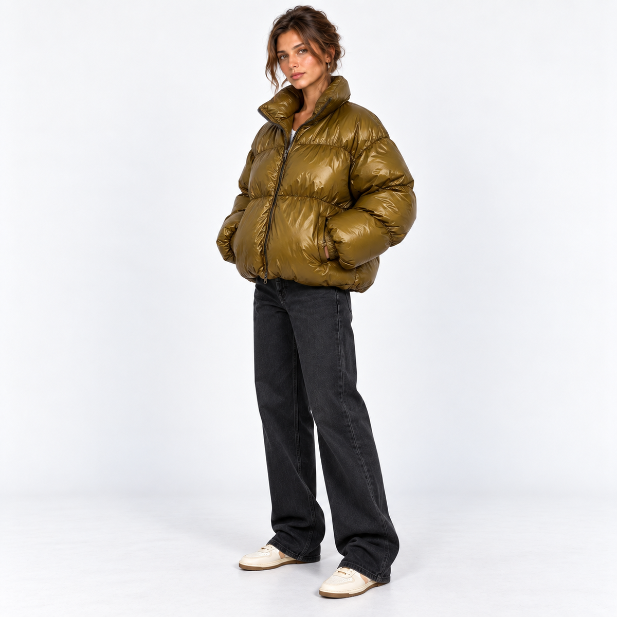 Gloss-Finish Puffer Jacket — Olive — front45 view