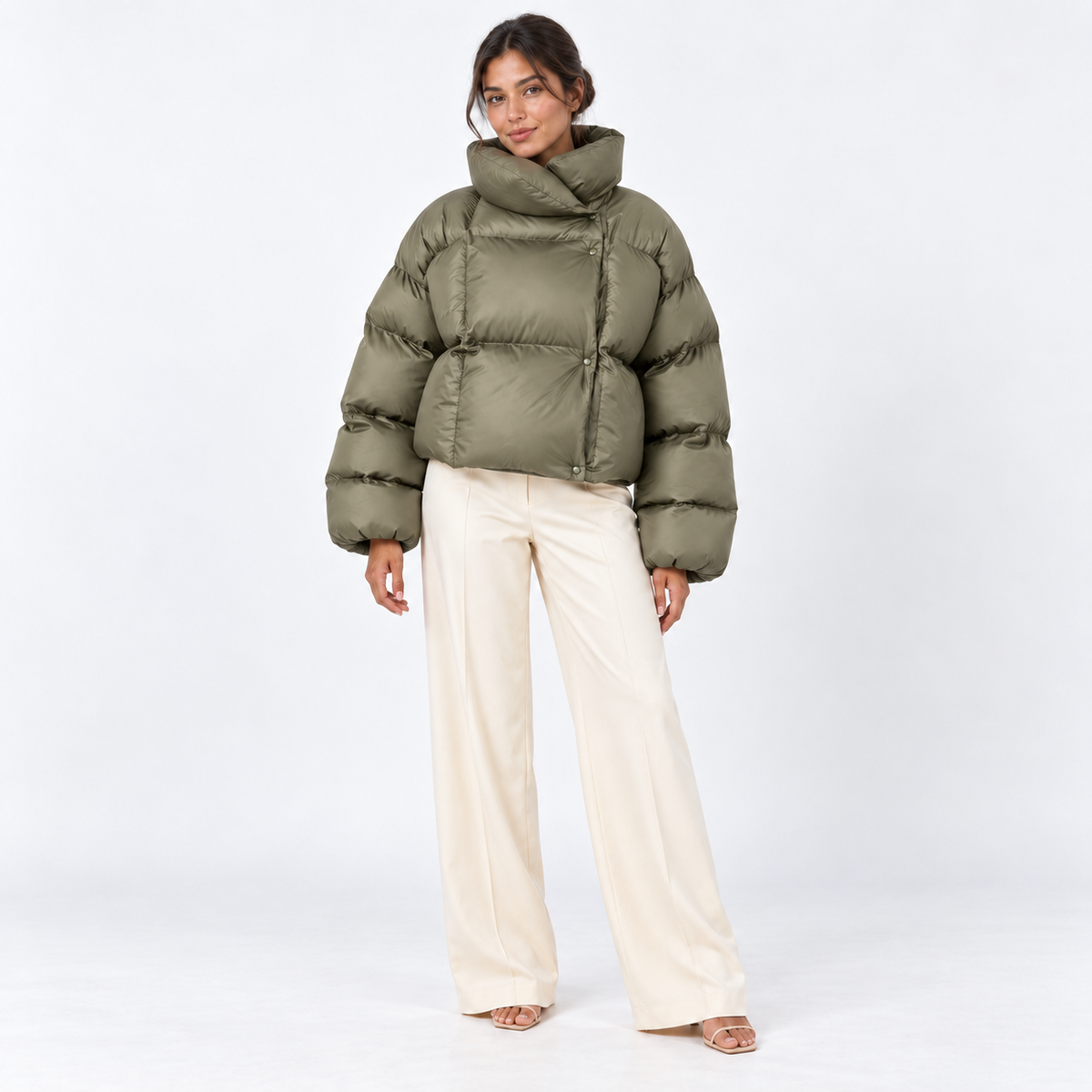 High-Neck Puffer Jacket — Army Green — front view