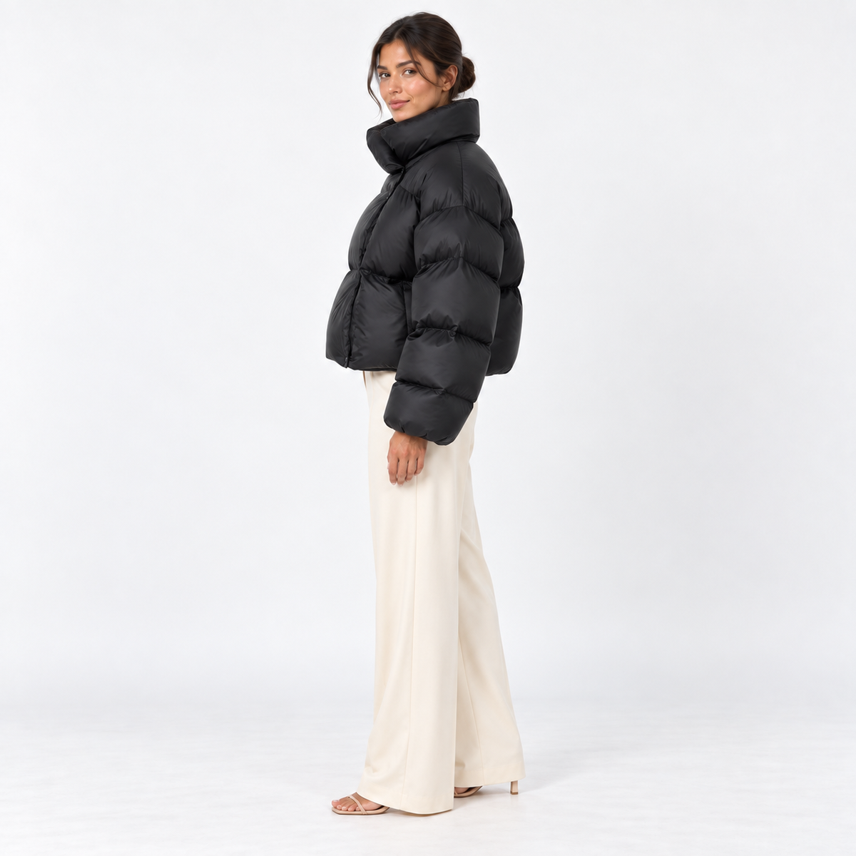 High-Neck Puffer Jacket — Black — side view
