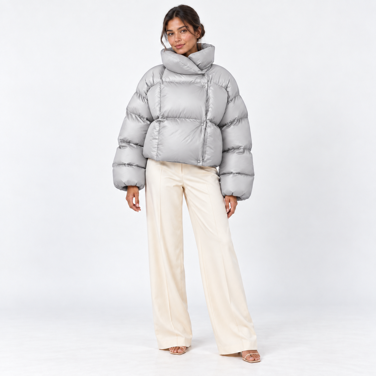 High-Neck Puffer Jacket — Light Gray — front view
