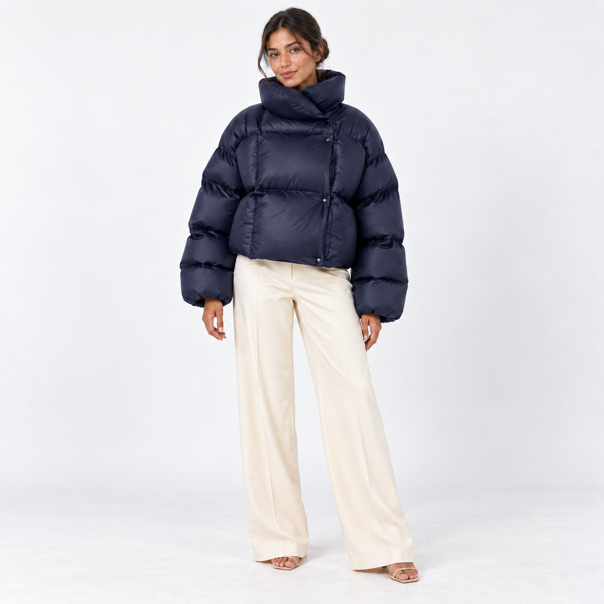 High-Neck Puffer Jacket — Navy — front view