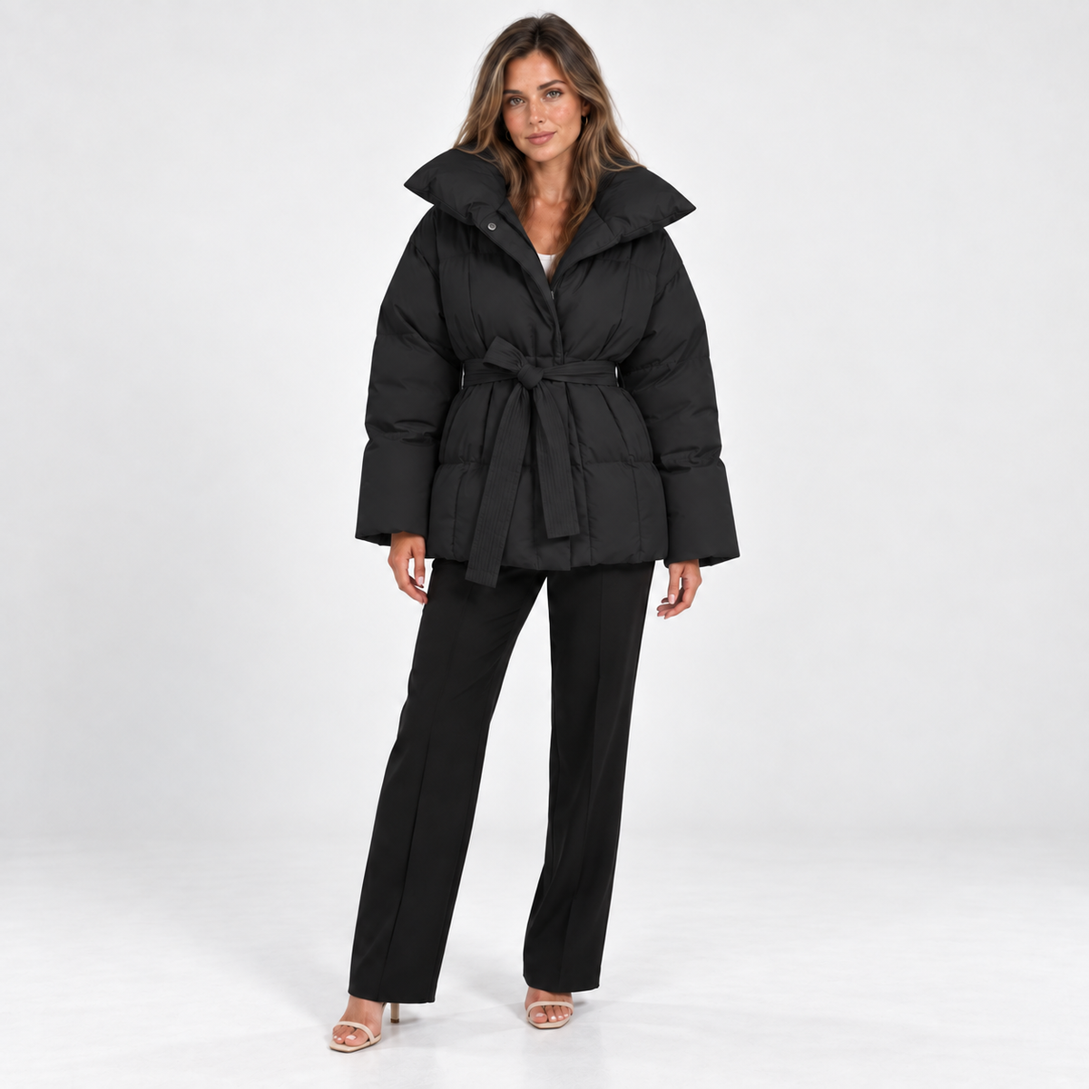 Belted Puffer Jacket — Black — front view