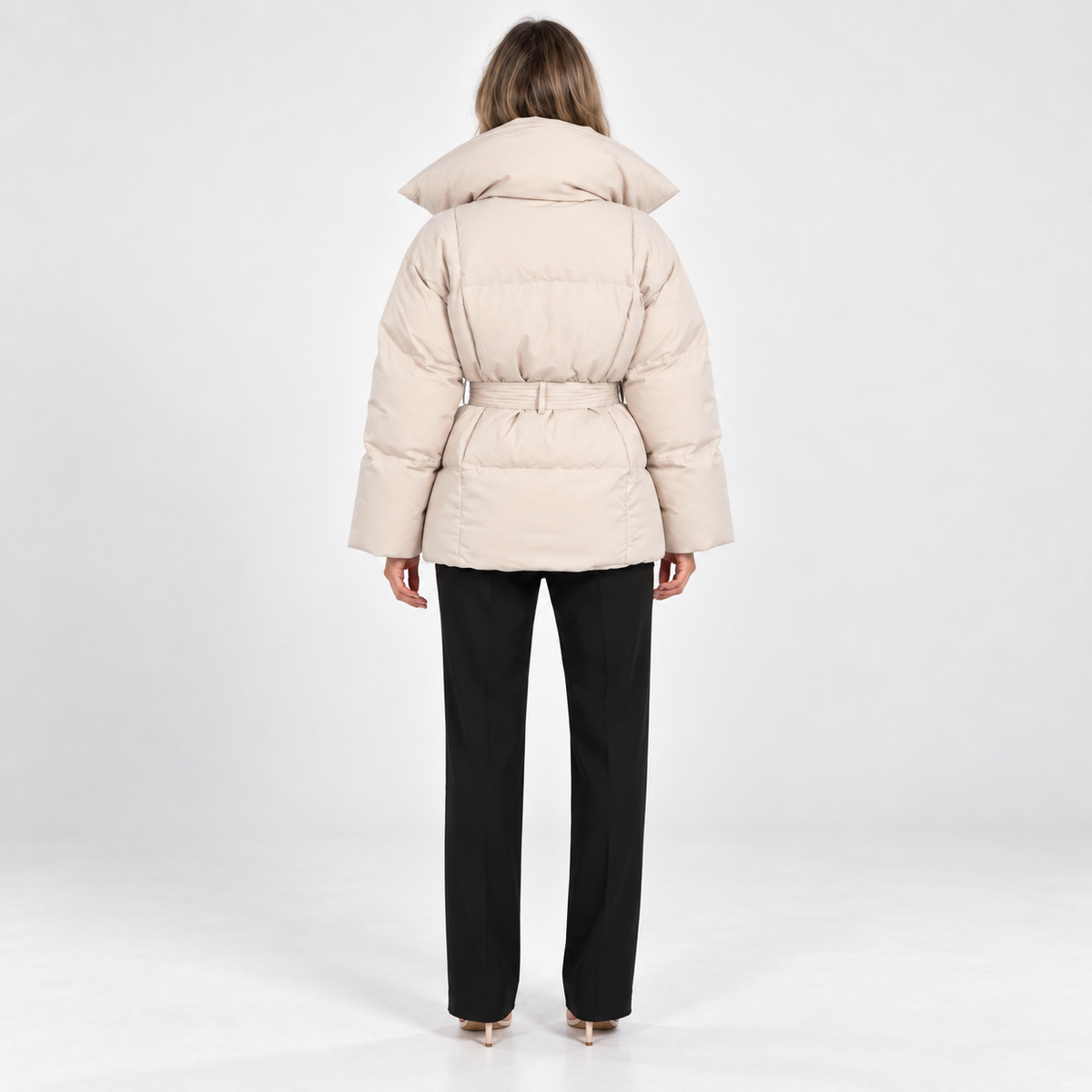 Belted Puffer Jacket — Offwhite — back view