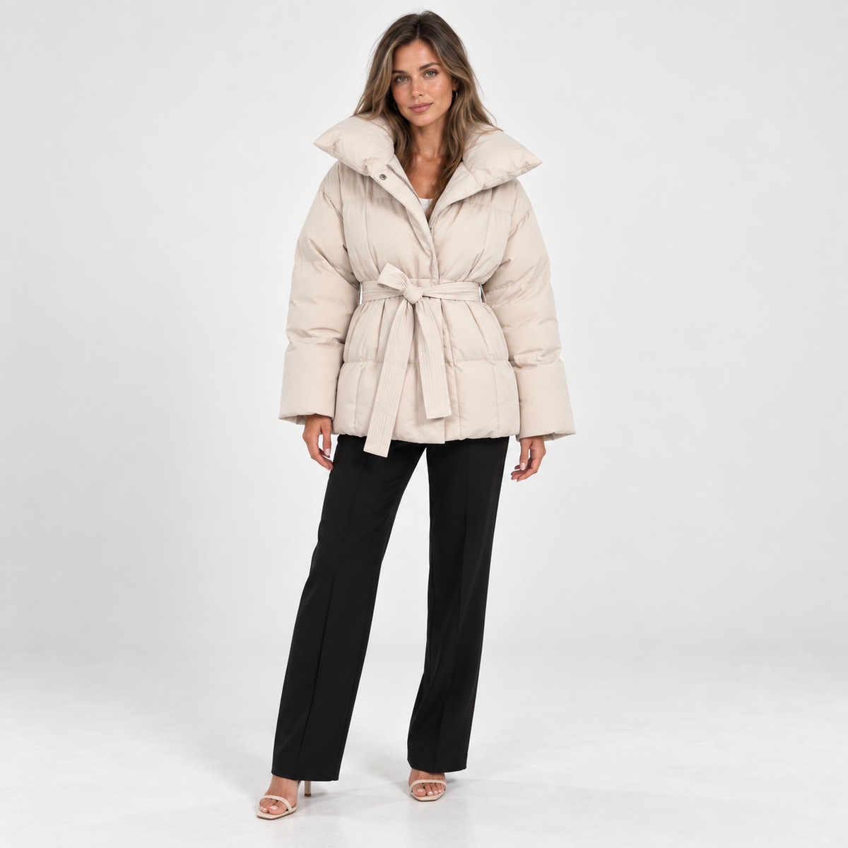 Belted Puffer Jacket — Offwhite — front view