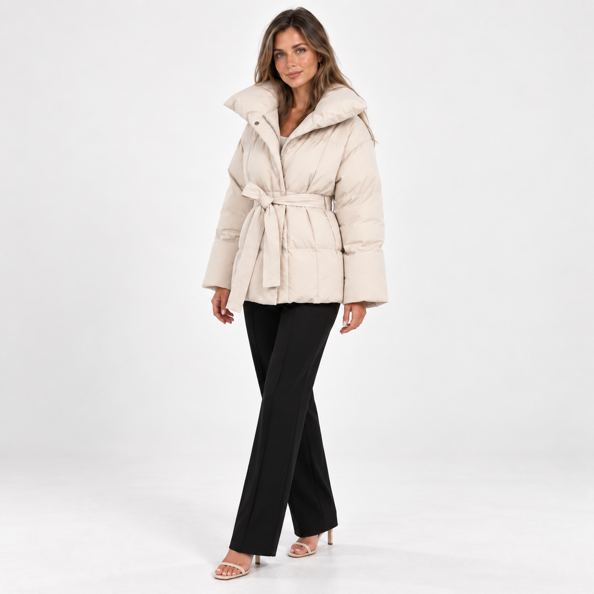 Belted Puffer Jacket — Offwhite — front45 view