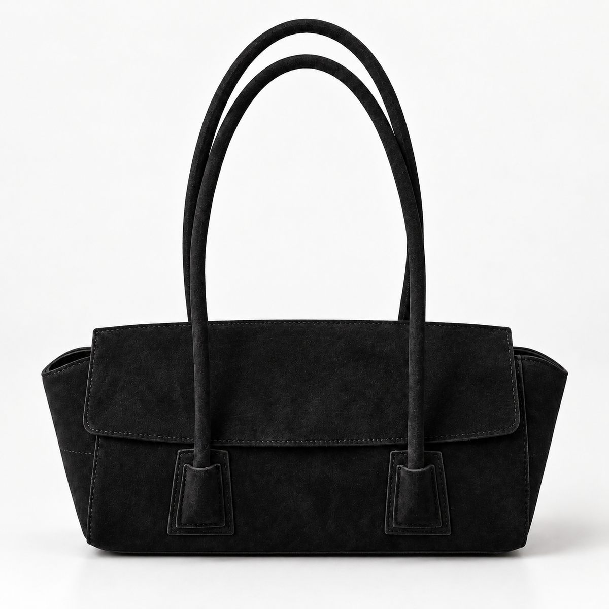 Suede-Effect Flap Shoulder Bag — Black — front view
