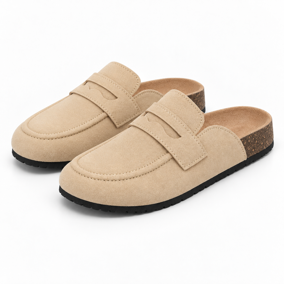Suede-Effect Loafer Mules — Beige — pair view