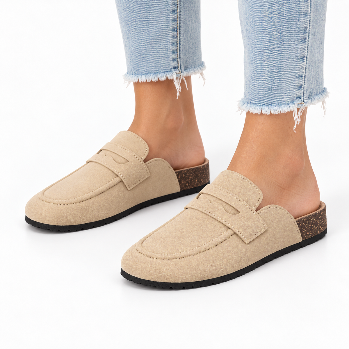 Suede-Effect Loafer Mules — Beige — worn view