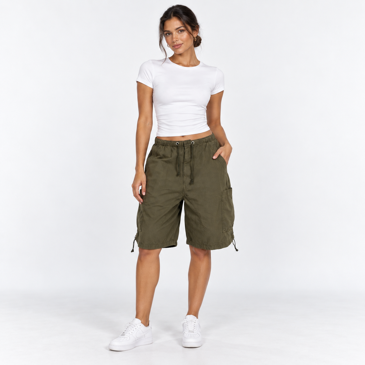 Drawstring Cargo Bermuda Shorts — Army Green — front view