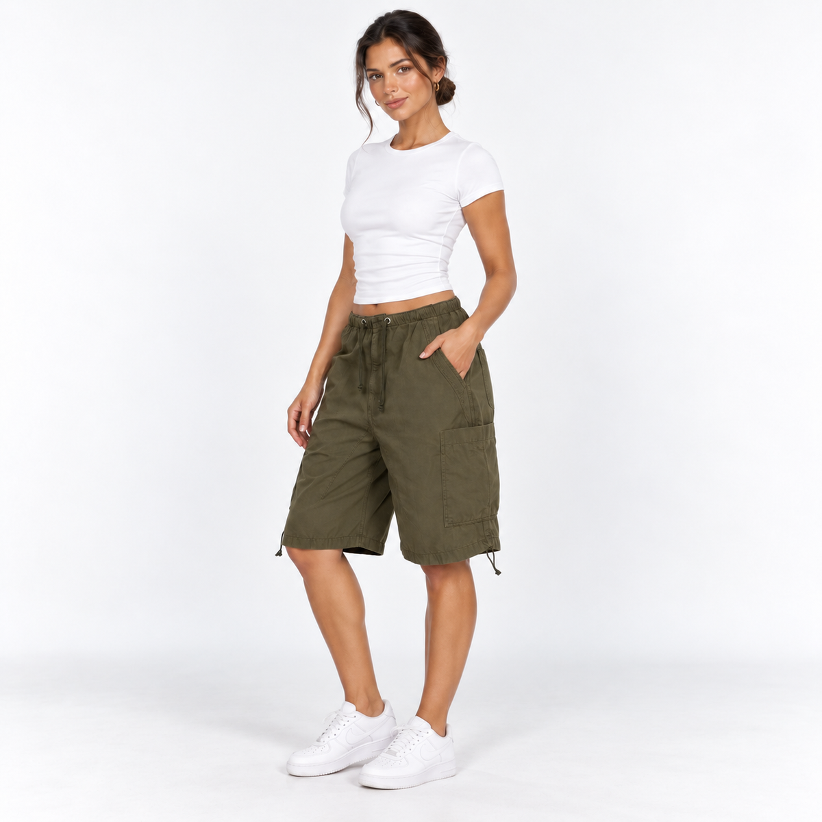 Drawstring Cargo Bermuda Shorts — Army Green — front45 view