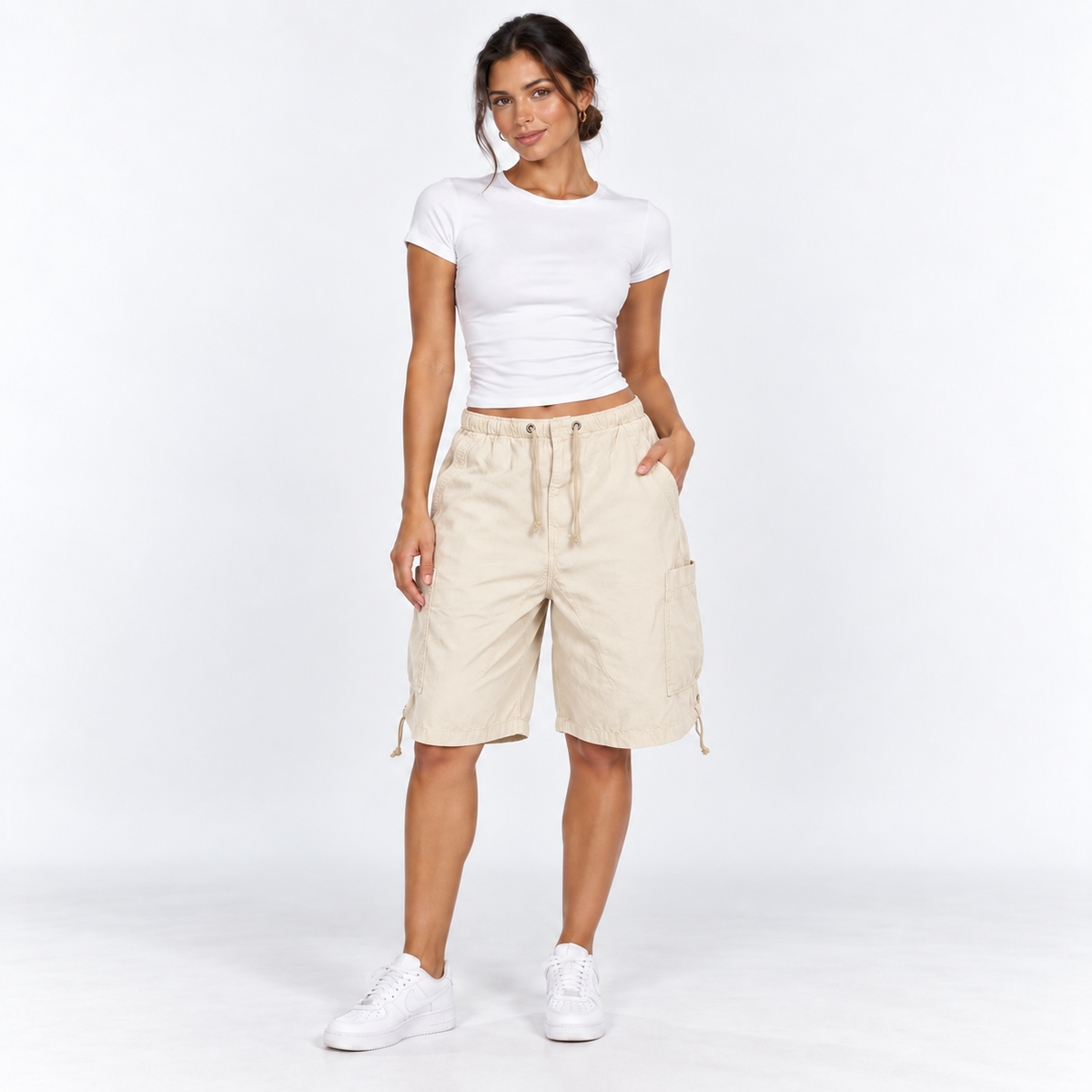 Drawstring Cargo Bermuda Shorts — Beige — front view
