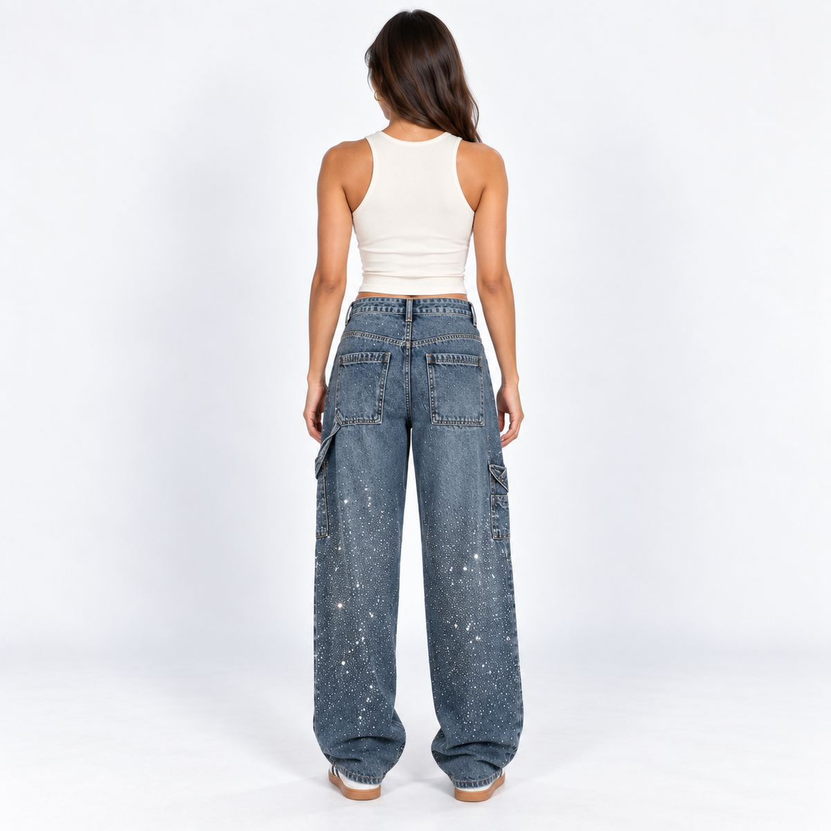 Sparkle Cargo Jeans — Light Wash — back view